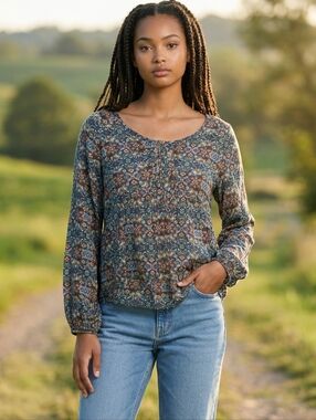 Willow & Root Womens Floral Boho Top Multicolor M Peasant Rich Hippie 70s Vibe